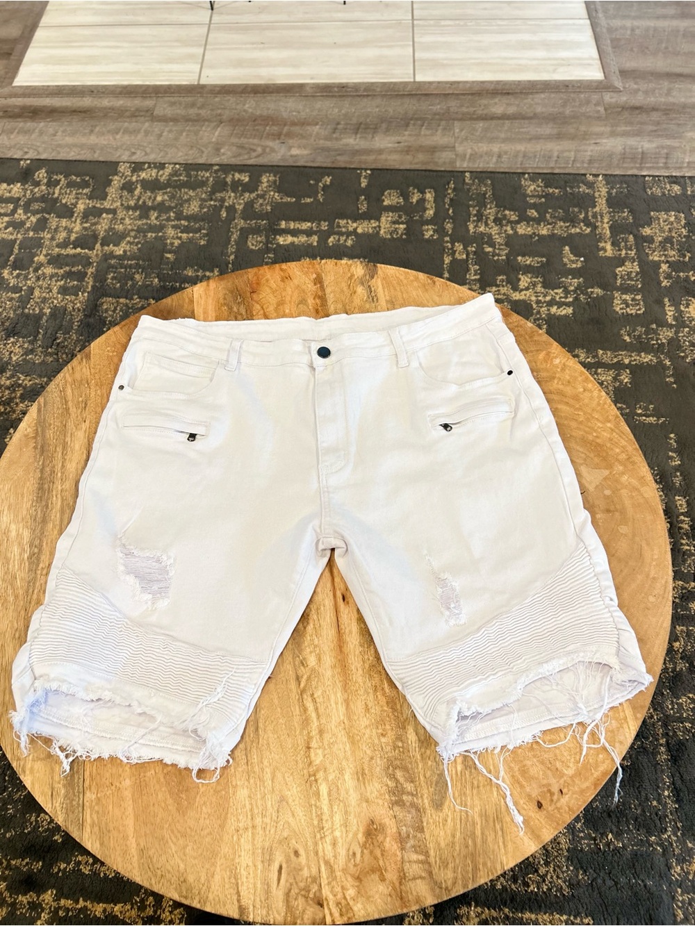 Men's White Distressed Jean Shorts with Ribbed Panels